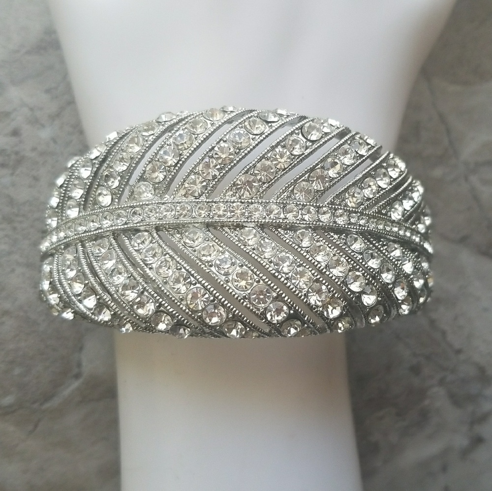 Rhinestone Silver Leaf Bangle Statement Bracelet - image 1